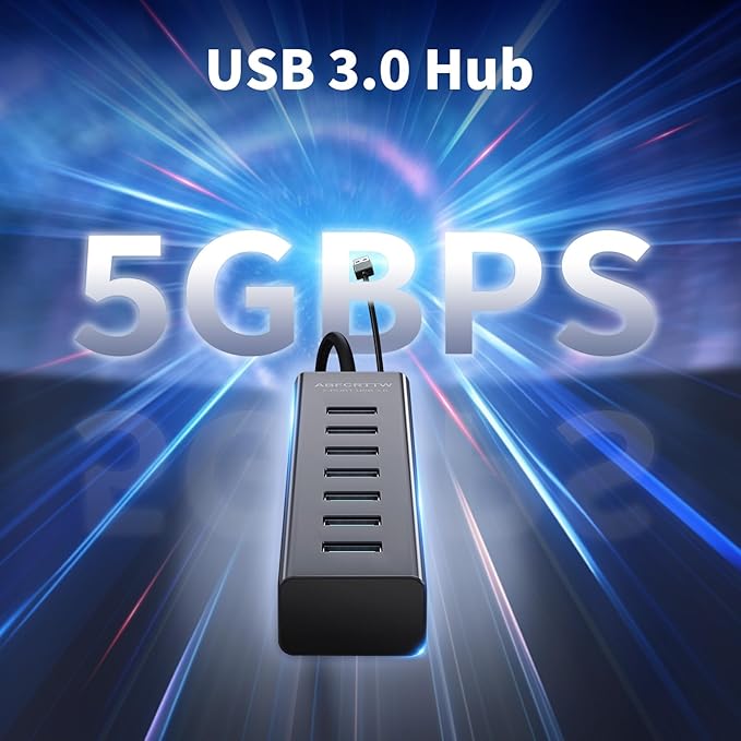 4Ft 7-Port USB 3.0 Hub for Desktop - Aluminium USB Extender Hub 5Gbps, USB Multiport Adapter, USB Splitter, USB Hub Long Cable for Desktop, PC, Flash Drive, Mobile HDD, Windows/XPS, 1.2m