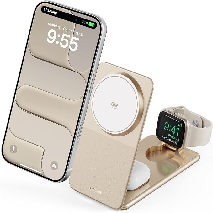 ANJANK 25W 3 in 1 Wireless Charging Station, Qi2.2 Magnetic Foldable Travel Fast Charger, Aluminum Alloy Cooling Charging Stand for iPhone17/16/15 Pro Max, Apple Watch, AirPods(45W Adapter),Ultrathin