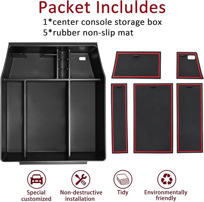 Center Console Organizer Tray for Ford F150 2021 2022 2023 2024 Accessories Interior Secondary Storage Armrest Box Insert Hidden Cubby Drawer (Full Console w/Bucket Seats ONLY) (Red Trim)