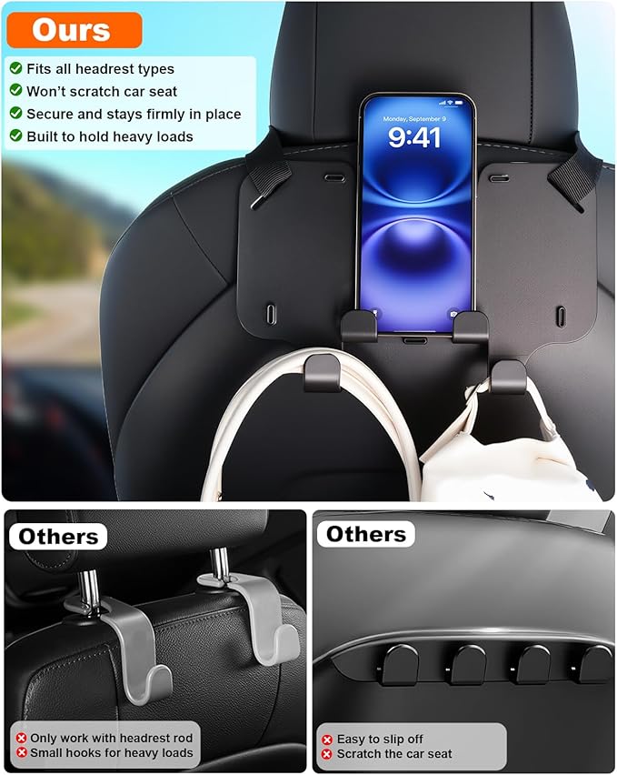 Adjustable Car Seat Headrest Hooks, Universal Fit for All Headrest Styles, Purse Hook with Phone Holder, Car Purse Hooks for Bags, Multifunctional Car Organizers and Storage