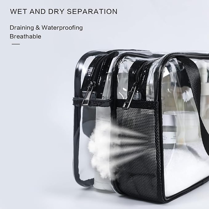 Auseibeely Clear Toiletry Bag for Women Men, Portable Large Travel Makeup Bag, Waterproof & Draining Transparent Cosmetic Bag, Carry On Airport Airline Compliant Bag