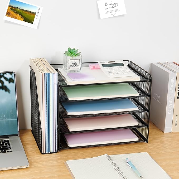 OPNICE Desk Organizers and Accessories, 5-Tier Paper Organizer Letter Tray with Magazine Holder, Office Desk Accessories & Workspace Organizers, Desktop File Organizer for Office Supplies, Black