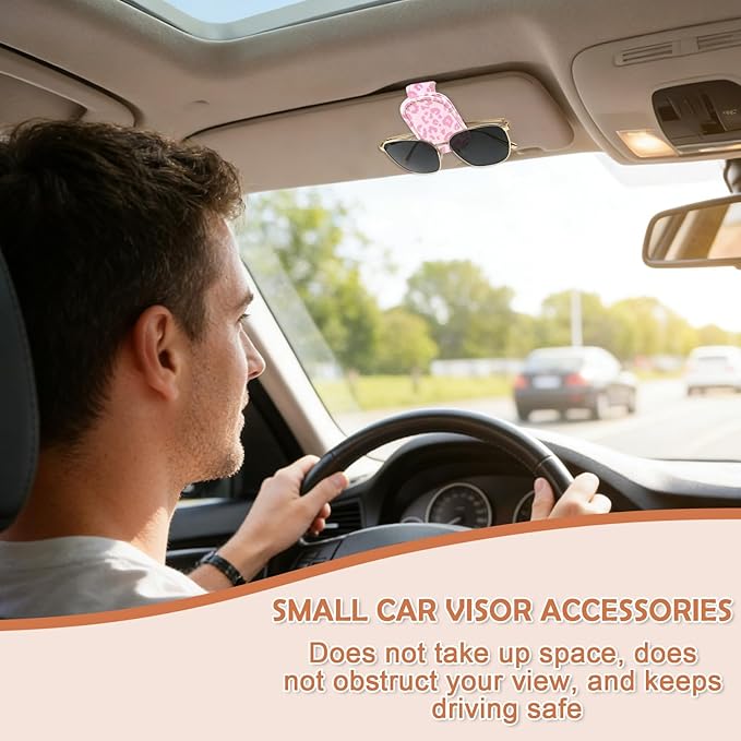 Sunglasses Holder for Car Visor - 2 Packs Pink Leopard Magnetic Leather Sunglasses Clip for Car Pink Visor Sunglass Holder Ticket Card Hanger Clips Auto Interior Accessories for SUV Truck