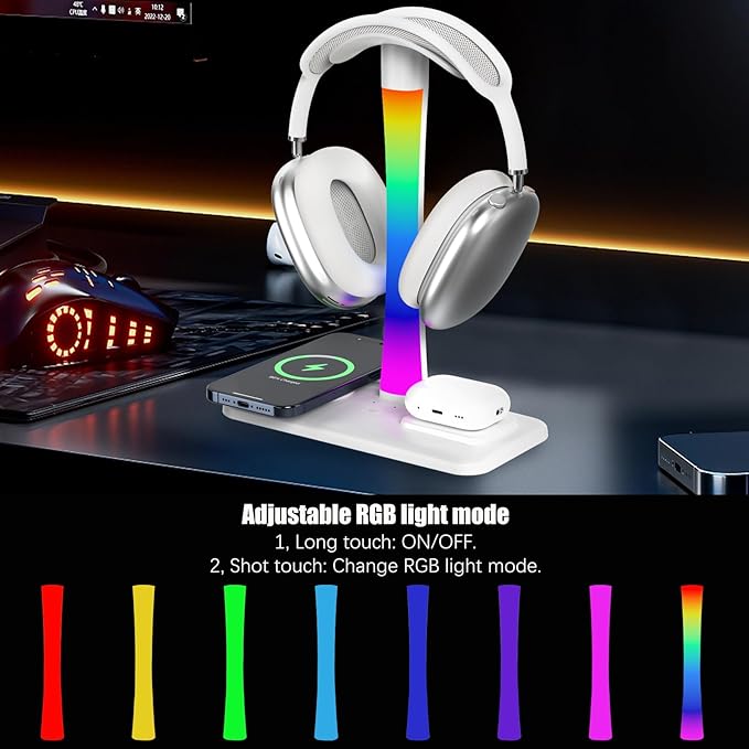 Headphone Stand with Wireless Charger,Gaming Headset Stand with RGB Light Mode,for iPhone17/16/15/14,Gifts for Gamers & Music Lover (White)