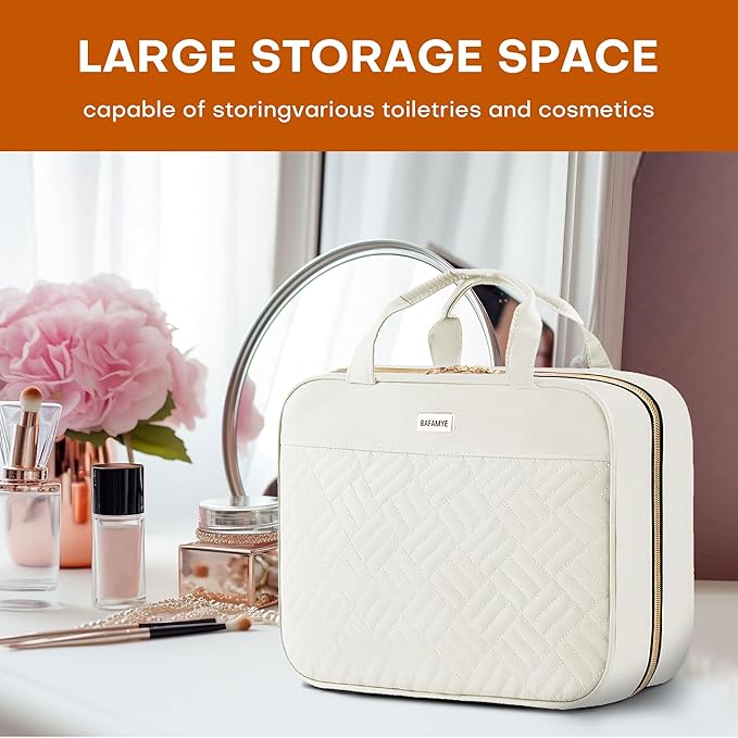 BAFAMYE 8L Travel Toiletry Bag for women - 2.1 GAL Water-resistant Makeup Cosmetic Bag Organizer With Hanging Hook for Travel Accessories Shampoo Full-size Container, Beige