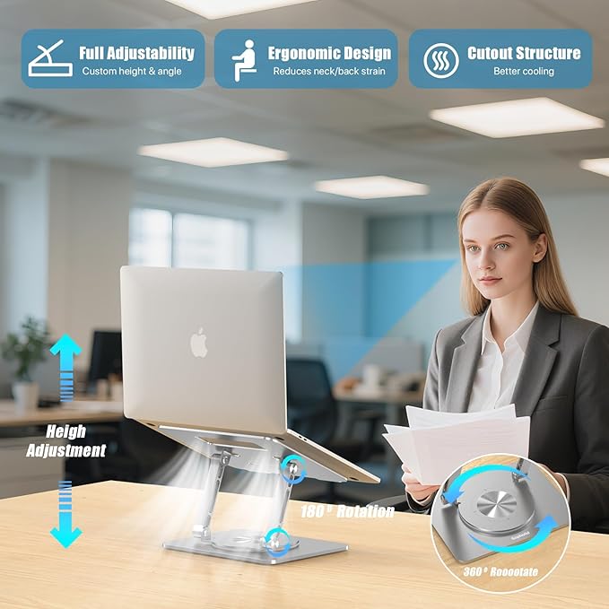 Laptop Stand for Desk, Adjustable Height & Angle Portable Aluminum Laptop Riser & Monitor Stand with 360° Swivel, Foldable Ergonomic Computer Stand for 10-17 Inch Laptops (MacBook/Dell/HP), Silver.