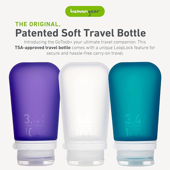 humangear GoToob+ Bottles - Silicone Leak-Proof Travel Tubes for Toiletries, Camping & TSA Carry-On (3-Pack), Large (3.4 fl oz; 100ml), Clear/Purple/Teal
