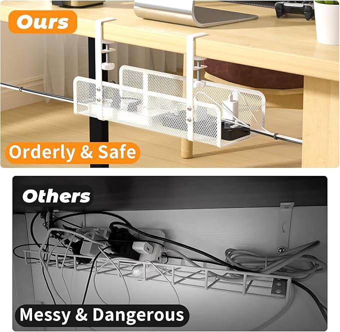 Under Desk Cable Management Tray, Wire Management Desk Cable Organizer Cable Management Box, Cord Organizer Storage for Office, Home