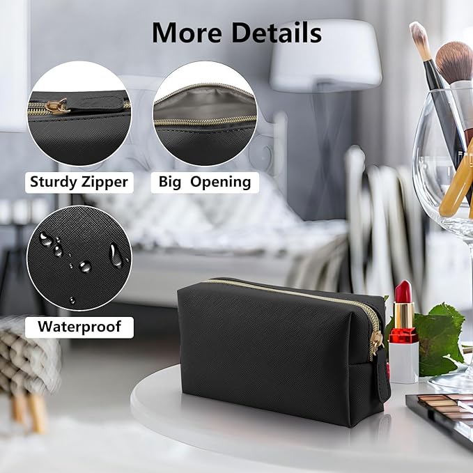 Leather Makeup Bag for Purse Travel, Portable Small Cosmetic Organizer for Women and Girls, Make up Bag with Zipper