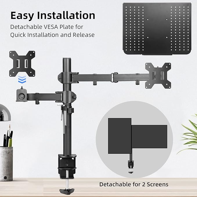 Suptek Monitor and Laptop Mount Holds 13-32 inch Computer Screen, Adjustable Monitor Arm Stand with Laptop Tray for 13-27 inch, Hold 22 lbs, with Clamp and Grommet Mounting Base
