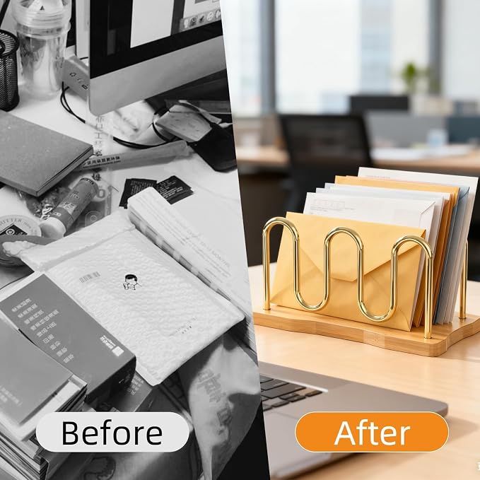 Mail Holder Organizer Countertop, Metal Mail Sorter for Desk, Cutout Mail Storage Bills Organizer Letter Tray Design with Bamboo Base for Home Office (Bamboo)