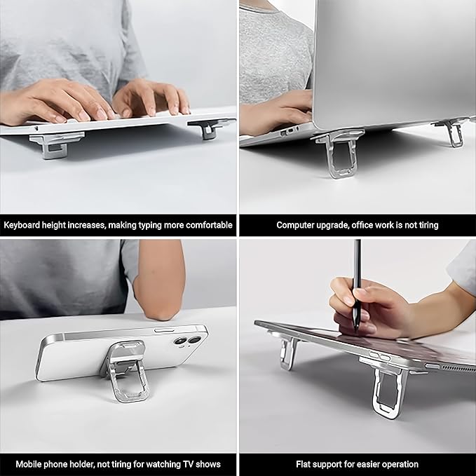 Mini Laptop Stand for Desk, 4pcs Portable Laptop Stands Self-Adhesive Invisible Keyboard Riser Adjustable Tilt, Zinc Alloy Lapto-p Feet Cooling Pad for MacBook, Tablet (4Pack, Silver)