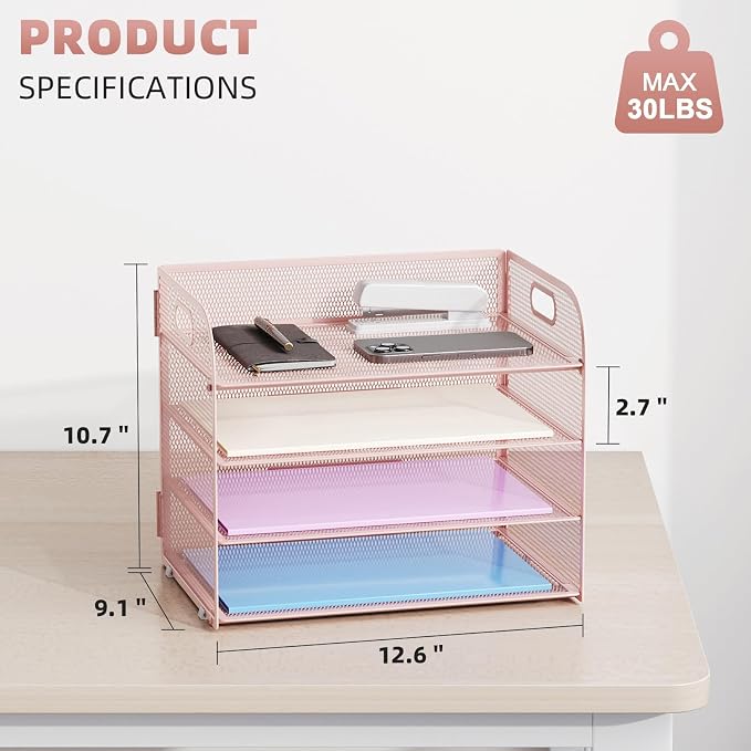 Marbrasse 2 Pack 4 Tier Paper Organizer Letter Tray - Mesh Desk File Organizer with Handle, Paper Sorter Organizer for Letter/A4 Office File Folder Holder (Pink, 12.6" x 9.1" x 10.7")