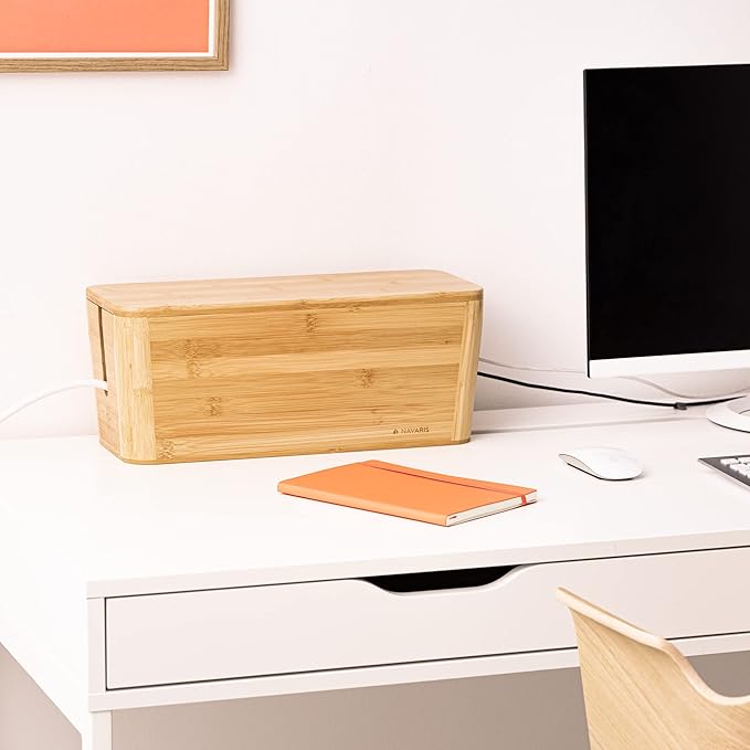 Navaris Cable Tidy Box - Bamboo Cable Storage Box Organizer for Wires, Cables, Extension Sockets, Chargers and Power Plug Cords - 15.5" x 6.3" x 6.3"