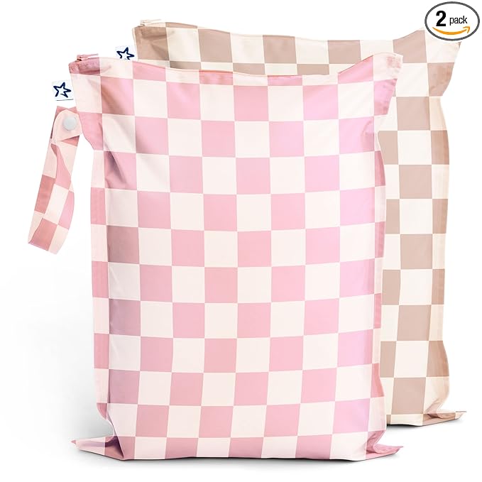 Tiny Twinkle Mess Proof Wet Bags | 2-Pack Reusable Waterproof Wet Bags for Swimsuits | Baby Clothes | Travel & Diaper Bag (Pink, Brown Checkers)