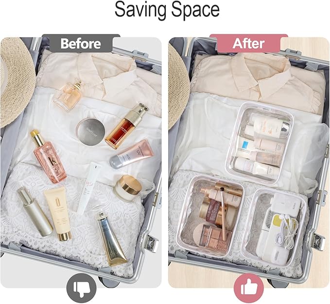 PACKISM TSA Approved Toiletry Bag 2 Pack - 1 Medium TSA Quart Carry-On & 1 Large for Checked Luggage, Water-resistant Clear Makeup Bag Clear Travel Bags for Toiletries, Matte White