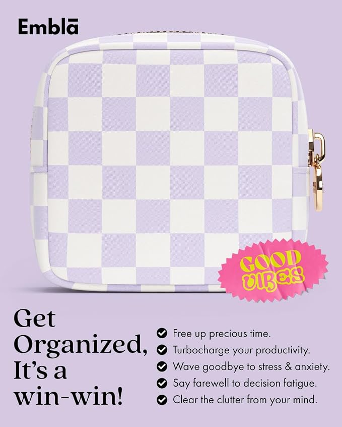 Embla Makeup Bag Travel Cosmetic Bag, Toiletry Bag, Cute Makeup Organizer, Nylon Zipper Pouch Purse Storage Bag Cosmetics Organizer, Womens Make Up Bag Mini Makeup Bags (Dusty Rose Checkered)