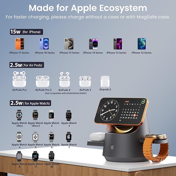 3 in 1 Wireless Charging Station for Apple Devices, PDMAX Qi Mag-Safe Charger Stand & RGB Light, Fast Charging Station for iPhone 17 PRO MAX,16,15 Series&iWatch&Air Pods- Gray（No Adapter）