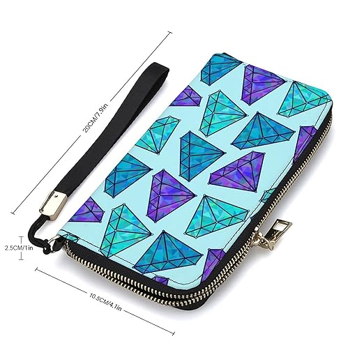 Unisex Zip Around Wallet for Adults Teens Cartoon Diamonds Background Blue Coin Pouch Cash Pocket PU Leather Wallets Card Holder Organizer Designer Purse with Wristlet Strap
