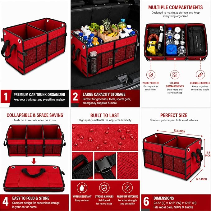 Car Trunk Organizer – Foldable Storage with 3 Compartments, Heavy Duty, Collapsible Cargo Organizer for SUV, Truck & Car (Red)