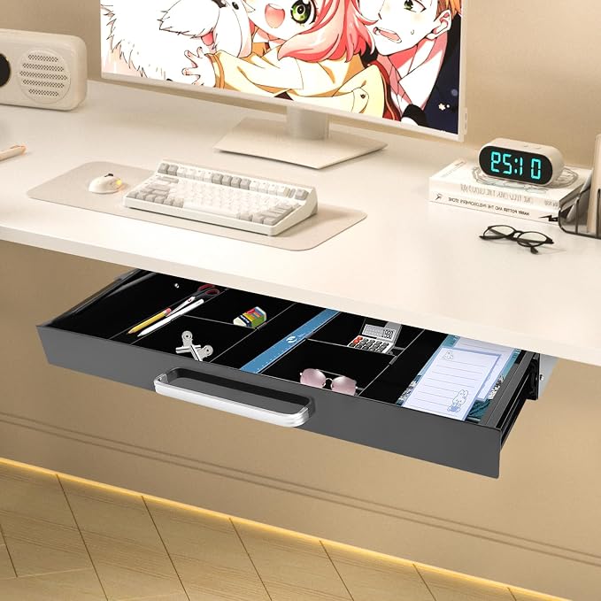 Under Desk Pull-out Drawer with Adjustable Divider for Storing Pencil and Office Accessories Under Desk Mounted Tray Organizer for Sit Stand Workstation, 21.5x10.2x2.1in