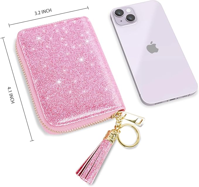 Coco Rossi Women's Small Credit Card Wallet RFID Cute Card Holder for Women with Tassel, Peach Glitter