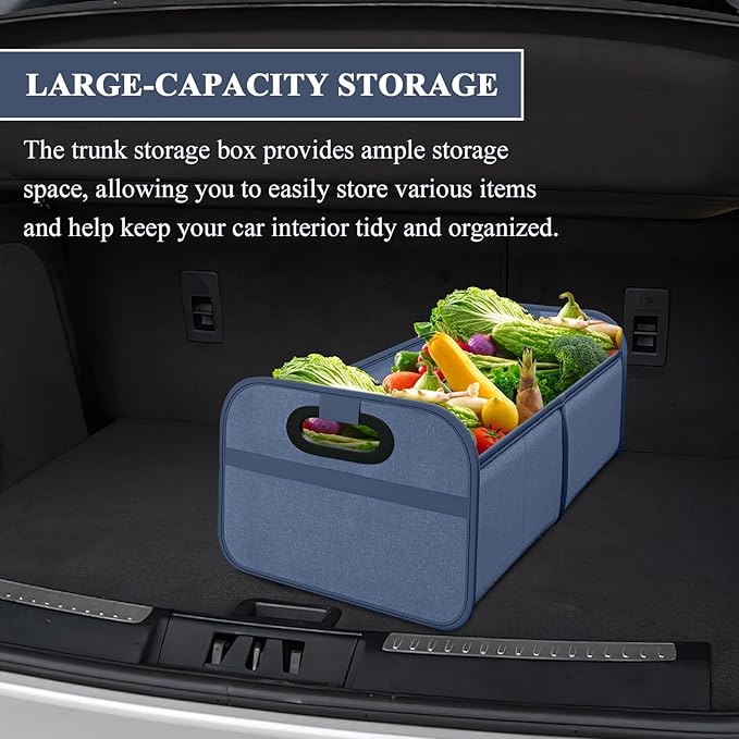 Car Trunk Organizer, Foldable Car Trunk Storage Box with 2 Compartments & Mesh Pocket, Large Capacity, Portable with Handle, Collapsible Backseat Storage Organizer for SUV Truck Sedan (Blue)