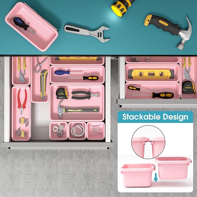 25 PCS Drawer Organizer Set, 4 Size Makeup Drawer Divider Organizer With Non-Slip Pads, Interlocking Plastic Storage Bins for Office,Jewelry Vanity,Gadgets, Bathroom,Kitchen, Pink