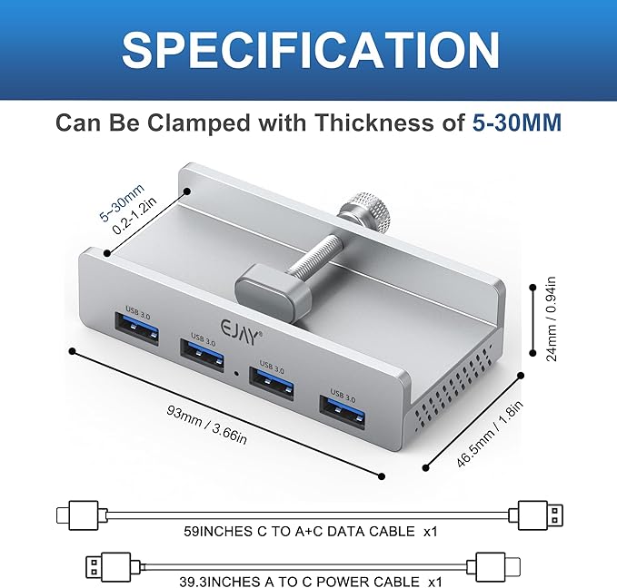 USB HUB3.0,Clamp USB HUB,Aluminum 4-Port USB Adapter with Extra Power Supply Port and 2pcs Long Cable(59inches Data & 39inches Power Cables) for iMac,Laptop,MacBook Pro,Dell,Xbox,HDD/U Disk etc