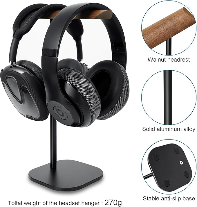 Gvoears Upgraded Headphone Stand, Walnut Wood Headphone Stands Headset Holder for Desk, Support Dual Headsets Suspension, Aluminum Alloy Support Rod Hanger, Dual Headphones Stand with Great Stablity