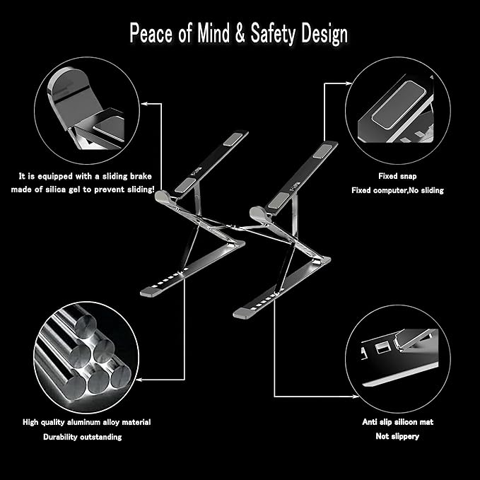 Adjustable Laptop Stand, Portable Aluminum Holder for 10-17" Laptops & Tablets, Ergonomic Riser for Desk, Lightweight Foldable Design for Home Office & Travel, Silver