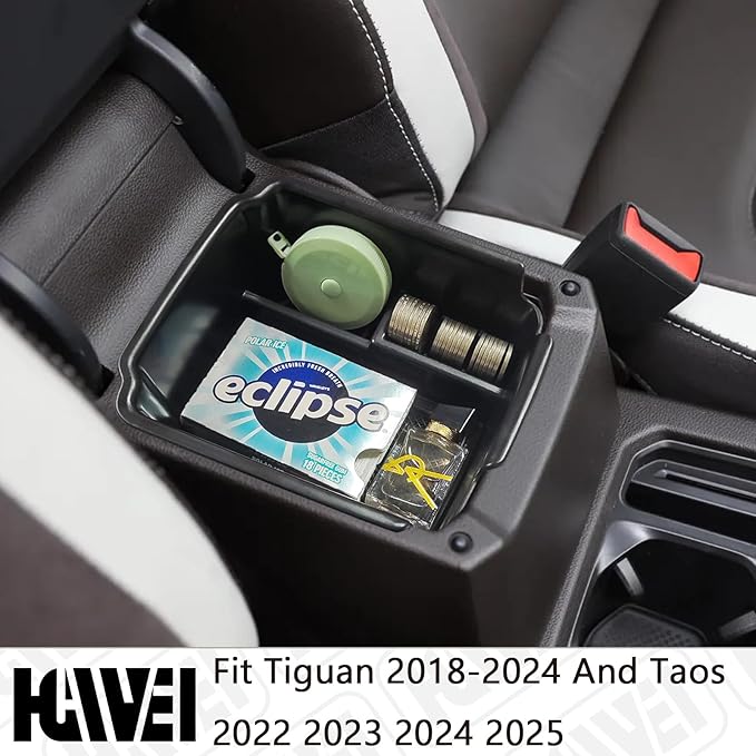 HGWEI Center Console Organizer Compatible with VW Tiguan 2018 2019 2020 2021 2022 2023 2024 And Volkswagen Taos 2022-2025, ABS Insert Tray Armrest Storage Box Interior Accessories, Black