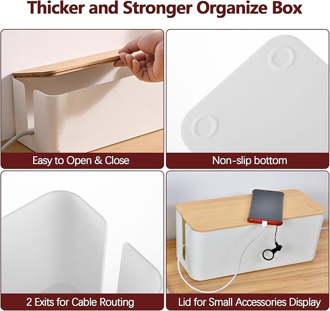 Cable Management Box,Wooden Style Large Cable Organizer Box for Office and Home,Cable Organizer Box with Proof Lock for Baby-Pets,Wood Lid（White,1 Pack