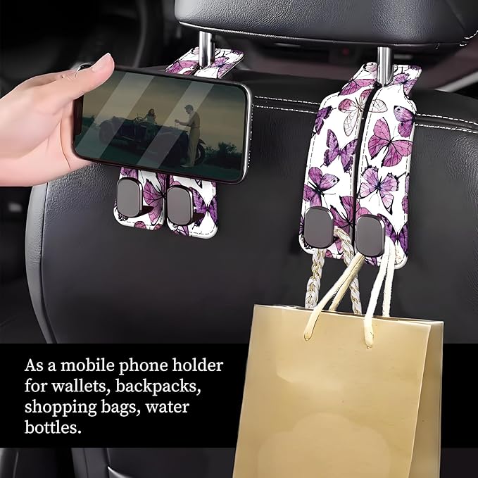 Car Seat Headrest Hook, Universal Leather Cute Hanger Holder Hook, Storage Organizer Interior Accessories for Purse Bags Handbag Luxury Purple Butterfly