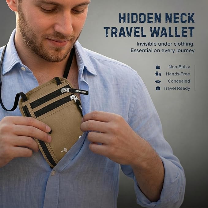 Neck Wallet for Travel & Passport Holder with RFID Blocking - Slim & Easy to Conceal Nylon Travel Pouch for men & women - Holds Phone, Cash, Cards, Keys - Sweat & Water Resistant - Large - Beige