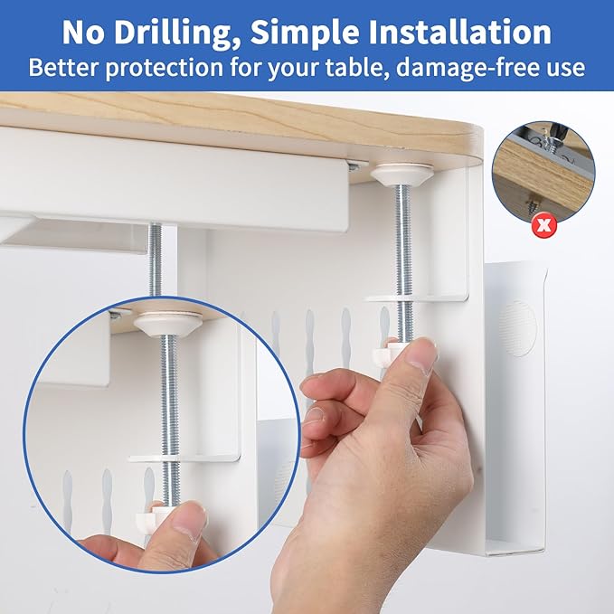 LUKETURE Desk Side Storage, Steel Side Desk Organizer, No Drill Laptop Holder, Clamp on Laptop Mount with Pen Holder, Table Hanging Storage for Home Office, Fits Flat Edge Tables 0.3" to 2.8"
