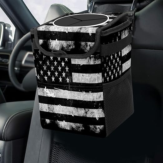 Car Trash Can Black White Grunge American Flag Auto Garbage Bag Car Trash Can with Lid Leak-Proof Car Storage Bag Garbage Bag Hanging for Headrest Collapsible and Portable with Storage Mesh Pocket