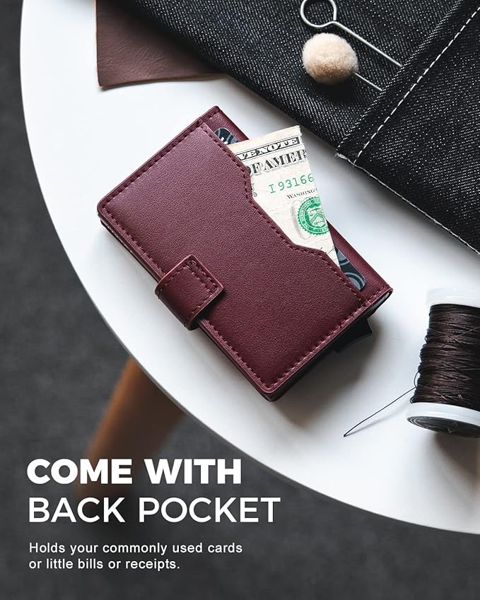 VULKIT Slim Bifold Pop up Wallet Minimalist Leather Card Holder RFID Blocking Metal Card Case with ID Window for Women | with Leather Slots, RFID Blocking, Slim, Metal Card Case
