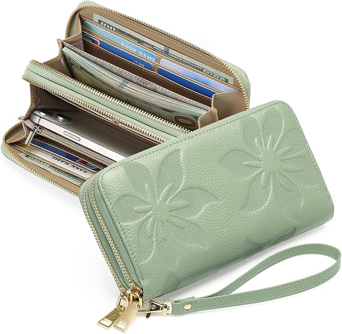 GOIACII Women's Wallet Large Capacity Double Zip Ladies Card Phone Holder RFID Blocking Wristlet Leather