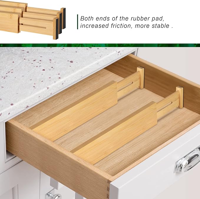 4 Pack Bamboo Drawer Dividers 2.6" High, Adjustable Length from 12 Inch to 17 Inch, Expandable Kitchen Drawer Organizer Separators for Clothes, Kitchen, Bedroom, Dresser, Office (Beige)