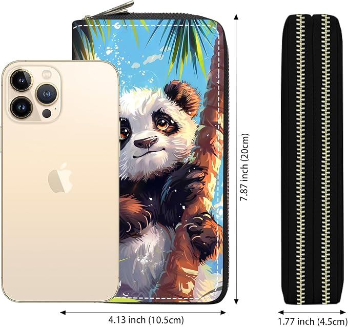 Women's Large Capacity Wallet PU Leather Double Zipper Clutch Purse Multifunctional Wallet with Removable Wristlet Strap for Smart Phone/Coin/Card/Cash, Watercolor Art Panda