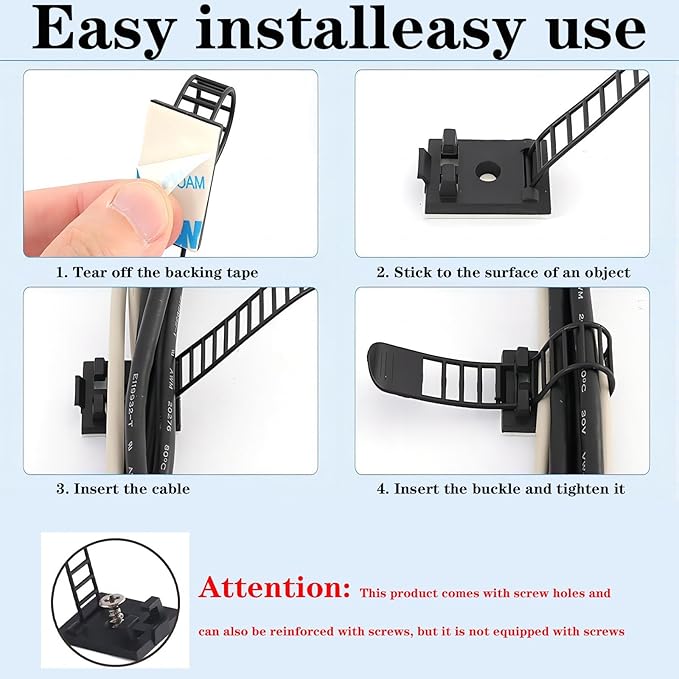 Adjustable Adhesive Cable Management Clips 50Pcs, Large self Adhesive Cable Ties Clips ，Suitable for Cable Management Under desks and on Walls (White)