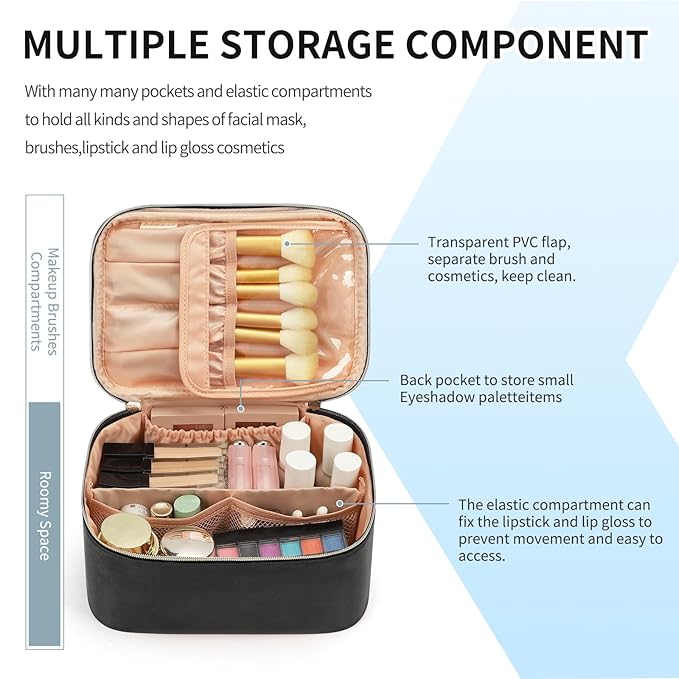 OCHEAL Makeup Bag, Portable Cosmetic Bag, Large Capacity Travel Makeup Case Organizer, Black For Women Toiletry Bag for Girls Traveling With Handle and Divider