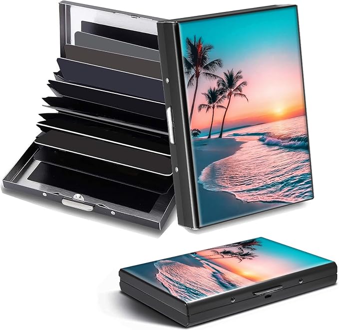 Credit Card Holder Sunset Beach Palm Tree Design Mini RFID Blocking Aluminum Wallet Slim Metal Hard Cover Shell Travel Wallet ID Cases Small Credit Cards Case Business Cards for Women Men Girls