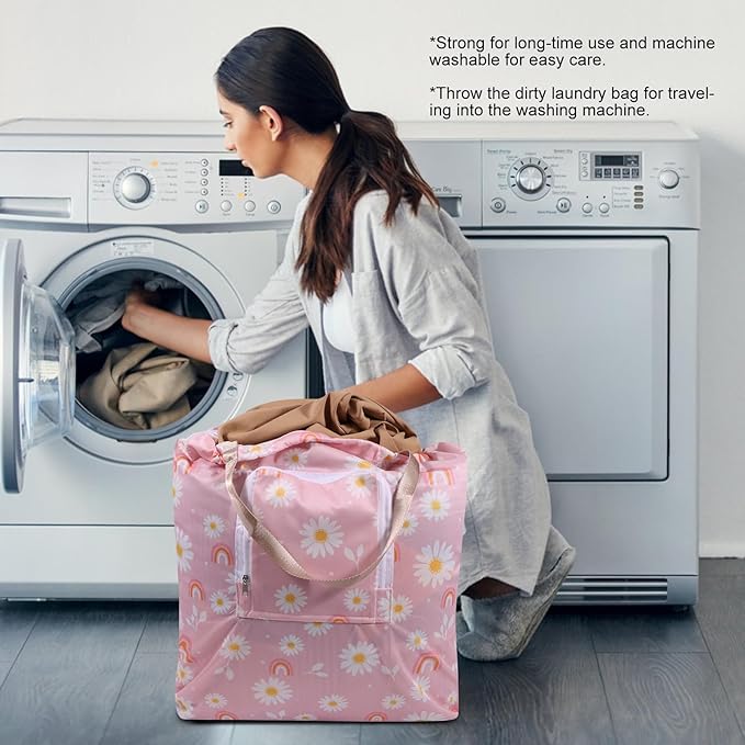 2 Pack Travel Laundry Bag with Handle and Drawstring, Expandable Foldable Dirty Clothes Bags with Hook and Zipper, 23*20 inch, Cartoon 1 White + Pink