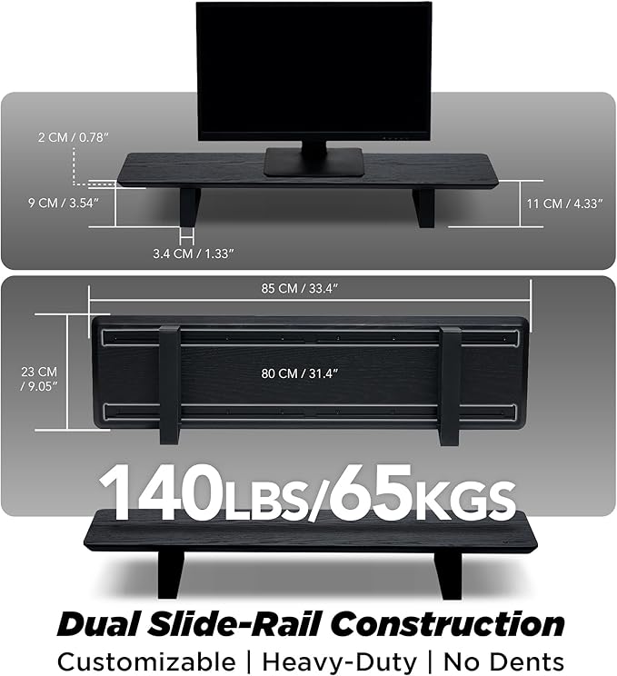 ULTRARM Moodular Wooden Monitor Stand 33.4??(85cm) Desk Organizer with Metal Slide Rails for Drawer, Tray, Laptop, Tablet, Phone & Headphones Customizable Riser for Organized Workspace Black MS85-B