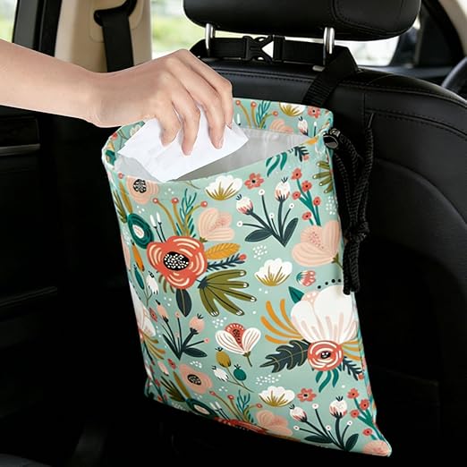 Bohemian Flowers Car Trash Bag - Waterproof Car Trash Bag Hanging Leakproof Car Garbage Bag - Washable Reusable Trash Bag For Car Interior Hanging Organizer Storage Vehicle Travelling Camping