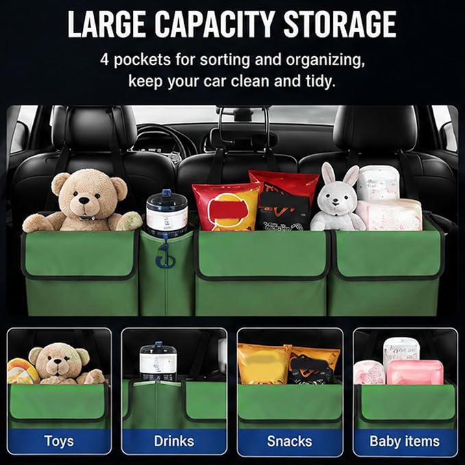 Car Trunk Organizer – Backseat Hanging Large Storage Bag with Adjustable Straps, Waterproof Collapsible Cargo Organizer with 4 Pockets, Space-Saving Trunk Storage for SUV Truck MPV (Green)