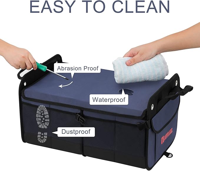 AUTOARK Multipurpose Car Trunk Organizer with Foldable Lid and Straps,Non-Slip Waterproof Bottom,Durable Collapsible Adjustable Compartments Cargo Storage,Navy Blue,AK-142