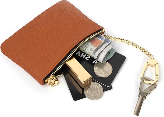 DAILANDO Mini Leather Coin Purse, Unisex Slim Zipper Card Holder and Coin Pouch with Keychain